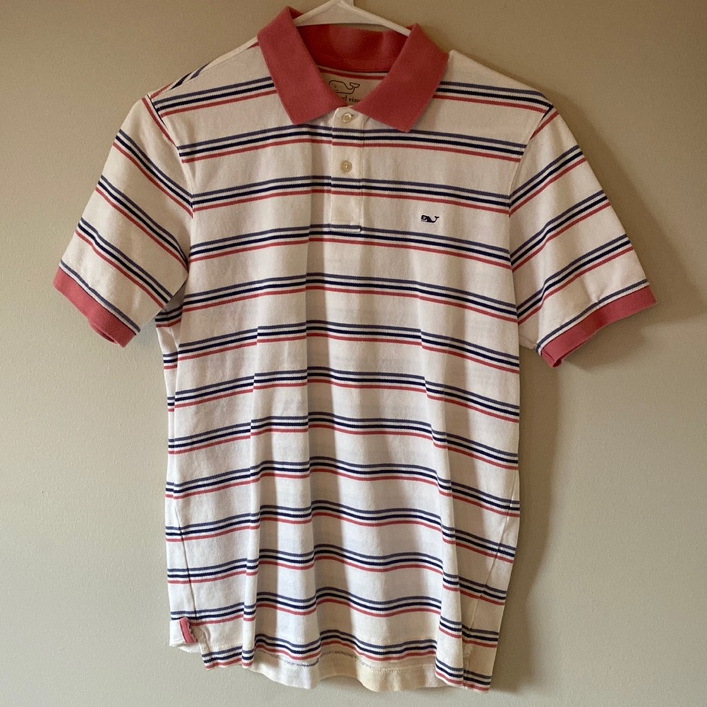 Vineyard Vines blue/salmon striped short sleeve polo